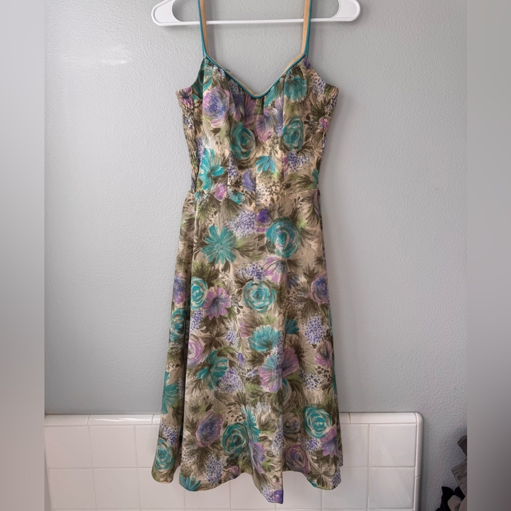 Vintage Teal & Lavender Floral A-line Dress Summer Feminine Retro 50s 70s - Picture 10 of 10